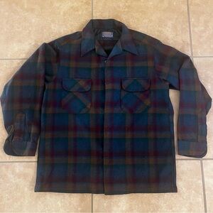VTG Pendleton Shirt Mens L Blue Plaid 100% Wool Loop Collar Button Up Surf